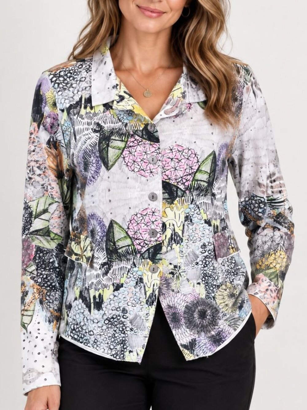 GRIZAS Botanical Floral Stretch Cotton Button Front Top M